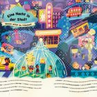 "Eine Nacht in der Stadt. Wovon willst du träumen?" Eine bunte Illustration mit Stadtleben bei Nacht.