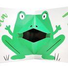 Der Text "ein Frosch" umrahmt eine grüne, einfache Froschillustration mit aufklappbarem Maul auf weißem Hintergrund.