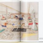 Zeichnung eines eleganten Ballsaals mit Personen in formeller Kleidung, ein Klavier im Hintergrund.