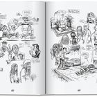 Comic-Illustration: Viele Figuren zeigen den Mittelfinger; Texte wie "Give 'em the bird!" und "Spare change?"