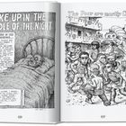 Links: Ein schlafender Mann im Bett, darüber Text über dunkle Gedanken. Rechts: Kinderschar in einer ärmlichen Umgebung.