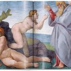 Illustration eines biblischen Themas: schlafender Mann, Frau auf Knien, ältere Figur in Robe, Landschaft im Hintergrund.
