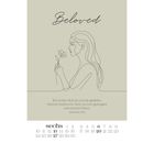Text: "Beloved. Ich habe dich je und je geliebt, darum habe ich dich zu mir gezogen aus lauter Güte. Jeremia 31,3." Kalender mit minimalistischer Illustration einer Frau mit Blume.