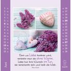 "Dort wo Liebe konkret wird, versteht man sie ohne Worte." Lila Flieder mit dekorierten Herzen. Juli-Kalender.