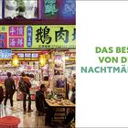 „DAS BESTE VON DEN NACHTMÄRKTEN“ steht in großen grünen Lettern. Lebhafte Szene, Verkaufsstand mit Laternen.