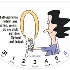 Antifaltencreme wirkt am besten, wenn du sie dick auf den Spiegel aufträgst. Zeichnung: Person mit Creme vor dem Spiegel.