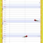 Kalenderblatt für Juni, rosa Schwein und Wildschwein tragen Geschenk, gelber Hintergrund mit Äpfeln.