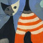 "Juni" steht über einem Kalender. Bunte, stilisierte Katzen sitzen nebeneinander auf blauem Hintergrund.