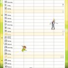 Kalender, Tage: 1-30, Montag-Sonntag. Illustration: Mann schreibt auf Papier, Katze mit Hut daneben, Monat Juni.