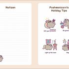 Links "Notizen" mit Linien, rechts "Pusheenicorn’s Holiday Tips" mit vier Illustrationen: schenkend, großzügig, Raum erhellend, beeindruckend.
