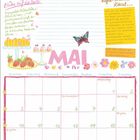 "KAFFEETAFEL!", "Blüten auf die Torte", "MAI". Pastelltöne, Blumen, Kalender, Kind mit Locken, Tassen, Blumenelemente.