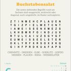 Buchstabensalat, Wörter befinden sich im Raster: CHEMNITZ, DRESDEN, ELBE, GOERLITZ, LEIPZIG, MEISSEN, PLAUEN, RIESA, WEISSEELSTER. 6. Januar, Mittwoch.