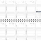 Wochenplaner mit Wochentagen von Montag bis Sonntag. Enthält Zeiten von 07 bis 19 Uhr und Monatsübersicht für Februar bis April.