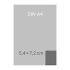 Text: "DIN A4", "5,4 × 7,2 cm". Graues Rechteck mit kleinerem dunklerem Quadrat unten rechts.