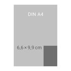 Oben steht "DIN A4", darunter "6,6 × 9,9 cm". Ein kleiner grauer Bereich unten rechts markiert.