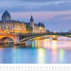 JUN, Zahlenreihe 01 bis 30. Malerische Flussansicht mit Brücke und historischen Gebäuden im Abendlicht.