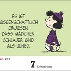 "Es ist wissenschaftlich erwiesen, dass Mädchen schlauer sind als Jungs." Illustration eines Mädchens in lila Kleidung.