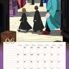 Kalenderseite: Monat Juni. Illustration von Personen in Umhängen in einer farbenfrohen Gasse.