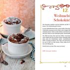 Titel: "Weihnachtliche Schokoküchlein". Rechts Rezepttext, links drei Schokoküchlein in weißen Förmchen, dekoriert mit Puderzucker.