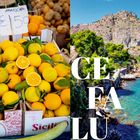 Links steht auf einem Schild "Arancia €1,50". Rechts ist blaues Meer und Felsen, darüber steht "CEFALÙ".