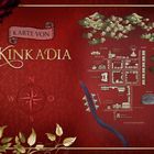 „Karte von Kinkadia“ steht auf einem roten Hintergrund mit dekorativen Details, darunter Berge und Gebäude.