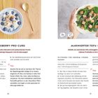 HUCKLEBERRY-PRO-CURD: Beeren-Sojaquark. MARINIERTER TOFU: Tofu schnuggelt Probiotika in Salate.  
Links Beerenjoghurt, rechts Salat.