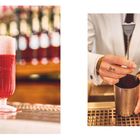 Links steht „CAMPARI“ auf einem roten Getränk mit Schaum. Rechts rührt eine Hand in einem Metallbecher.