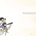 „Schau, Papa! Die Abendsonne malt einen Weg auf das Meer.“ Illustration: Vater trägt Kind auf den Schultern, beide mit Fernrohren.