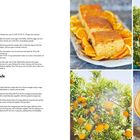 "Orange Cake" und "Orange Marmalade" Rezepte. Links Rezepte, rechts Fotos: Orangenkuchen, Orangenbäume und Brot mit Marmelade.