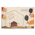 Text über Fluchtgründe, Naturkatastrophen, Krieg, Diktatoren. Illustration von Straßen, Häusern und Menschen in lebhaften Farben.