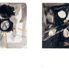 Links: "Ankunft, 1979". Rechts: "Verbindung, 1979". Beide sind Ölgemälde auf Papier, 30 x 30 cm.