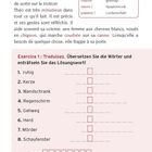 Ein Text auf Französisch und eine Vokabularliste mit Übersetzungen. Ein Lückentext zum Übersetzen mit der Anweisung.