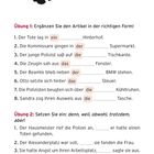 „Abschlusstest“. Übung 1: Artikel einsetzen. Übung 2: Setzen Sie ein: denn, weil, obwohl. Handabdruck-Logo oben.