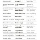 Oben links steht "Beim Arzt". Links sind deutsche Sätze, daneben englische Übersetzungen und deren phonetische Aussprache.