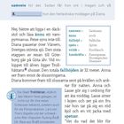 Texte: samvete, ännu, fallhöjd, spets, vitlök, havskräfta. Beschreibung der Stadt Trollhättan und einer Mahlzeit.