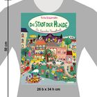 „Die Stadt der Hunde. Ein tierisches Wimmelbuch.“ Illustration von buntem Stadtleben mit vielen Figuren und Details.