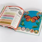 Links Text über Monarchfalter, mit Details und Stichpunkten. Rechts bunte Illustration mit Schmetterling und Raupe.