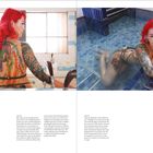 Texte: "The Japanese Tattoo", "ABOVE", und "HORISHI PROFILES". Eine Frau mit auffälligen, bunten Tattoos und roten Haaren posiert in einem Badehaus.