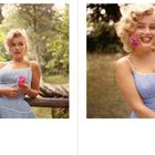 Keine erkennbaren Texte. Eine Frau in einem blauen Sommerkleid im Freien, einmal nachdenklich, einmal lachend mit Blume.