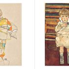 Links: Zeichnung eines kleinkindlichen Kindes in bunter Kleidung. Rechts: Ein Kind mit weißem Kleid sitzt ernst auf einem bunten Stuhl.