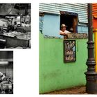 Text: "STREETFOOD", "Auténtica Empanada Norteña". Schwarze-Laterne, bunte Wände, Verkauf von Empanadas, Bäckerei mit Gebäck.