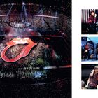 Großes Stadion, Bühne in Form einer Zunge, Menschenmenge; rechts drei Konzertfotos von Musikern.