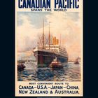 "CANADIAN PACIFIC SPANS THE WORLD" und Routen zu Kanada, USA, Japan, China. Illustration: Schiff auf offenem Meer.