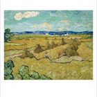 Juni, 6|日. Illustration eines Feldes mit Strohballen, Bäumen, Bergen und einem bewölkten Himmel im Stil von Van Gogh.