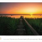 Kalenderseite für Juni 2023. Ein Steg führt durch hohe, grüne Pflanzen zu einem See, bei Sonnenaufgang mit orangefarbenem Himmel.