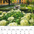 Kalender Juni 2027. Wochentage und Daten. Foto eines farbenfrohen Gartens und eines gelben Gebäudes im Hintergrund.