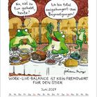 Drei Frösche mit Kronen speisen an üppiger Tafel. Sprechblasen: „Na, viel zu tun gehabt, heute?“, „Ich bin total ausgehungert - zwei Begnadigungen!“. Text: „WORK-LIVE-BALANCE IST KEIN FREMDWORT FÜR DEN STIER“. Juni 2027 Kalender.