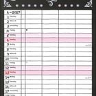 "Juni" in verschnörkelter Schrift, ein Kalender für Juni 2027. Wochenbeginn Dienstag. Montage mit rosa Hintergrund.