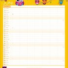 Kalenderblatt für Juni 2027 mit bunten Eulen am oberen Rand und Notizbereich unten.