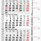 Ein Kalender für 2027 mit den Monaten Mai, Juni, Juli. Wochentage in mehreren Sprachen, Sonntage rot markiert.